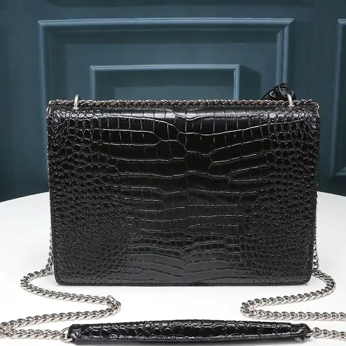 CHEAP Leather Bag Embossed Sunset Silver Medium In Crocodile Black Laurent Saint Chain 0326